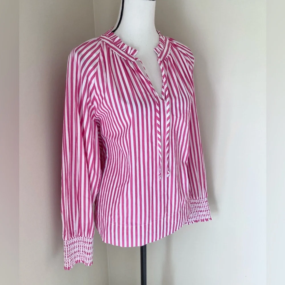 J Crew Smocked-cuff popover top in Pink and White stripe Size S
